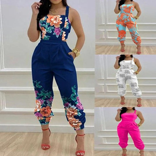 New European and American Open Back Cross Lace Up Bow Print Casual jumpsuit for Women