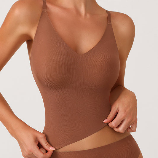 One-Piece Camisole Underwear Female V-Neck Seamless Nude Beauty Straps Chest Pad Bra Can Be Worn Outside Sports Underwear