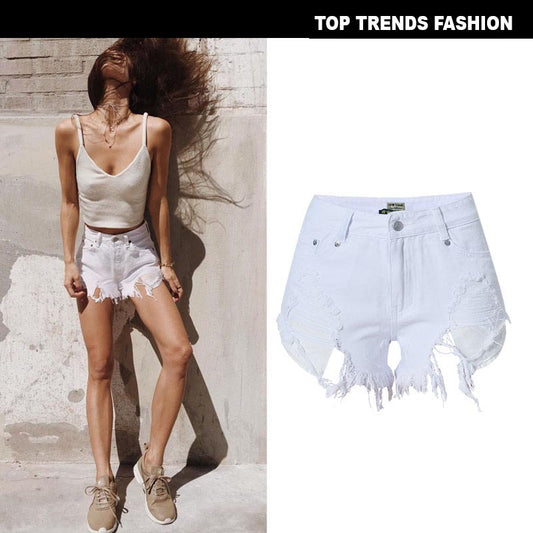 Women's Beach Hot Pants Pure White High Waist Slim Frayed Irregular Exposed Pocket Denim Shorts Trend Hole
